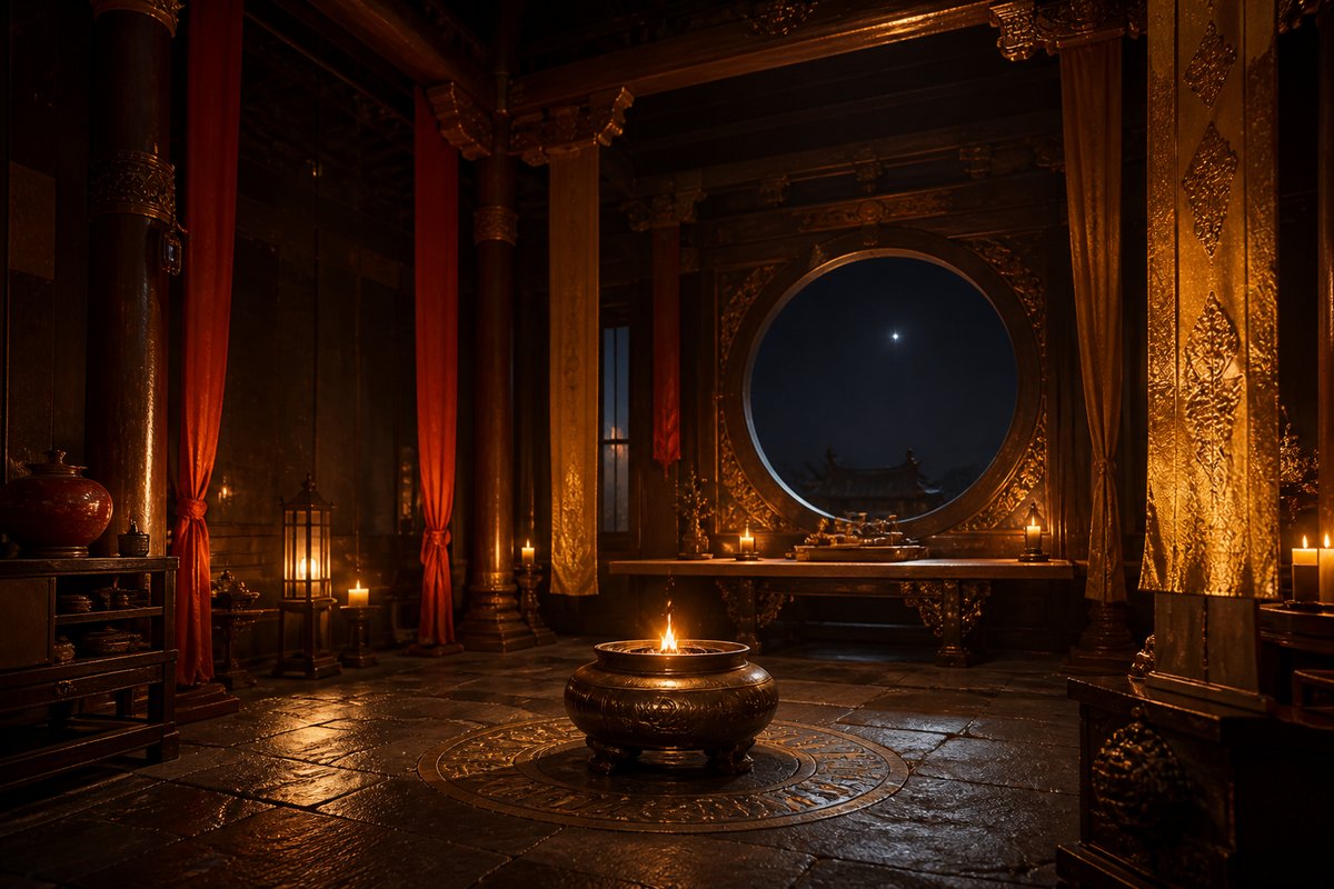 Konzeptkunst: eine warm beleuchtete Kultivierungskammer mit Bronze-Brazier.