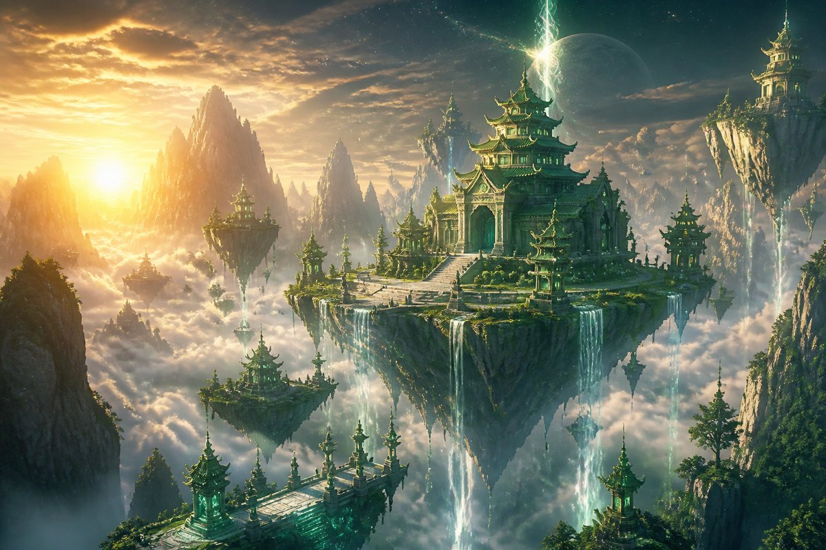 Konzeptkunst: schwebende Jade-Inseln mit Pagoden im goldenen Morgenlicht.