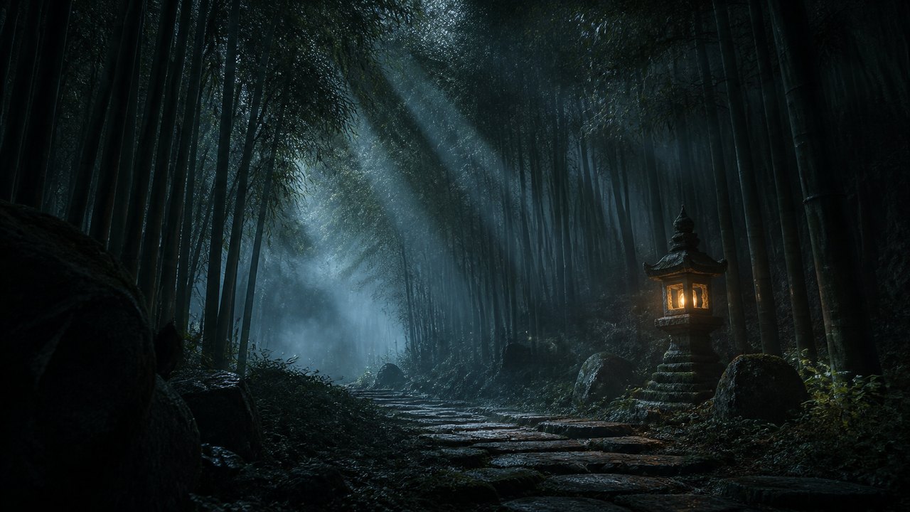 Moonlit Bamboo Grove: a night bamboo forest in silver moonlight with one warm stone lantern.